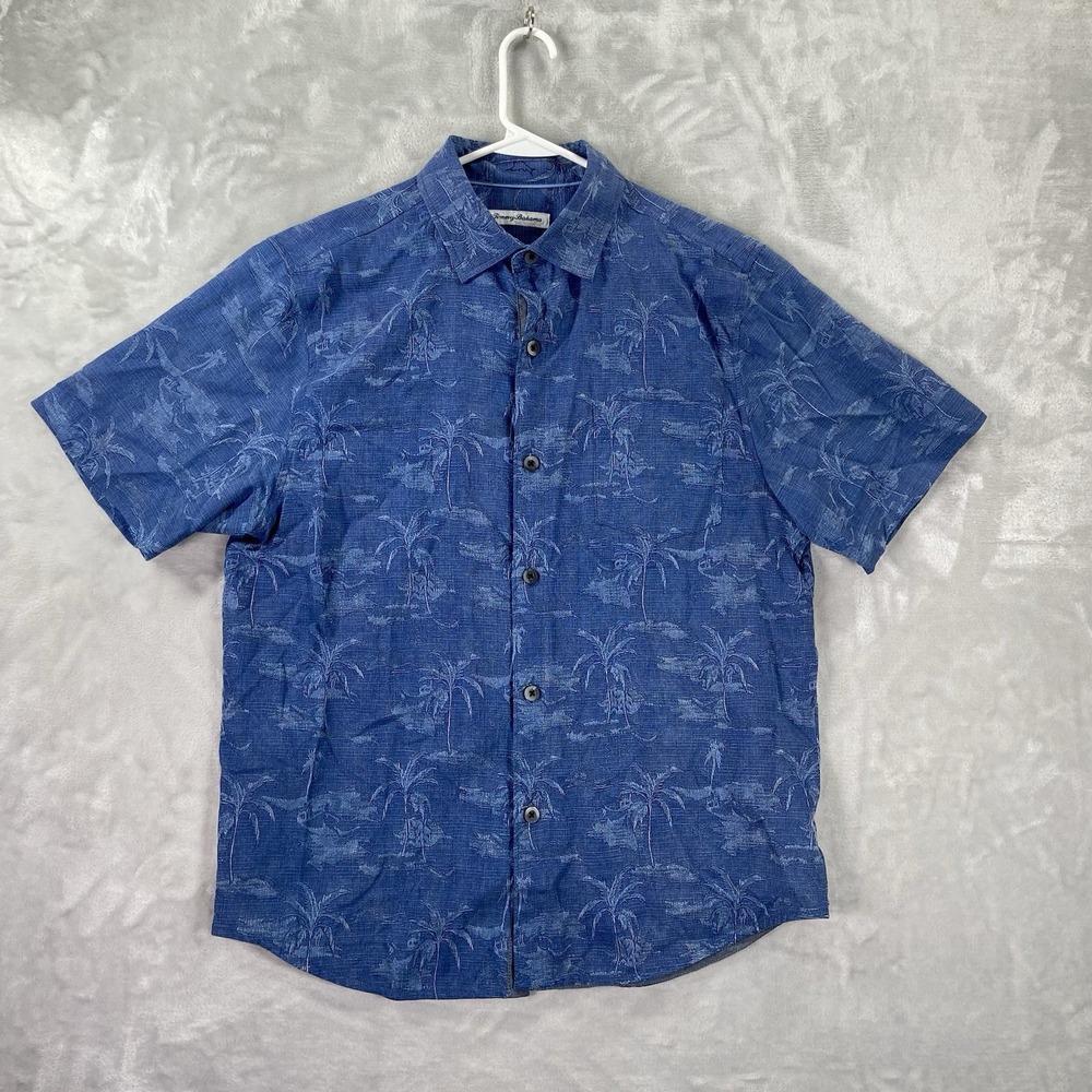 Tommy Bahama Shirt Mens Medium Button Up 100% Silk Beach Hawaiian Palm Tree AOP